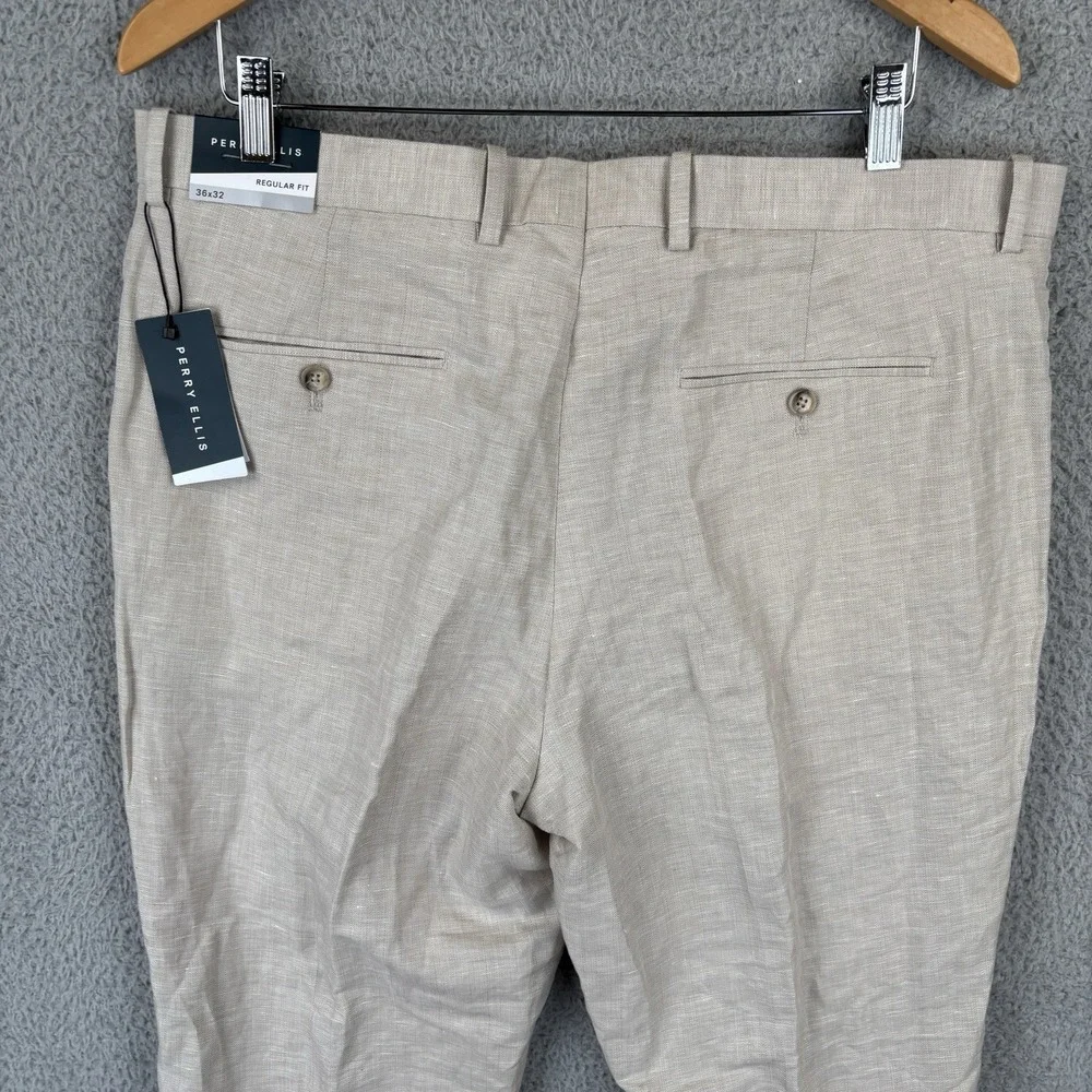 NEW Perry Ellis Linen Blend Dress Pants Men 36x32 Tan Regular Fit Slacks